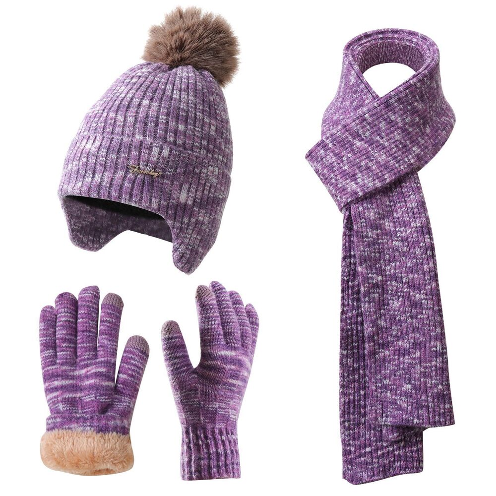2629 Winter Beanie Hat Scarf and Gloves Set Earflap Girls Purple Mix Cable
